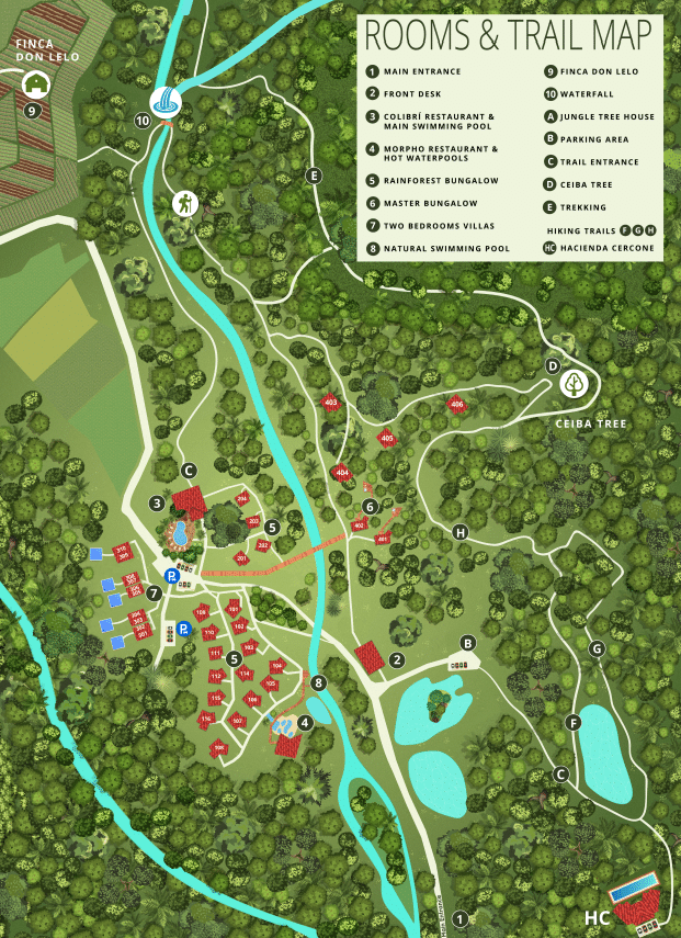 Map of trails and rooms in a lush forest resort setting
