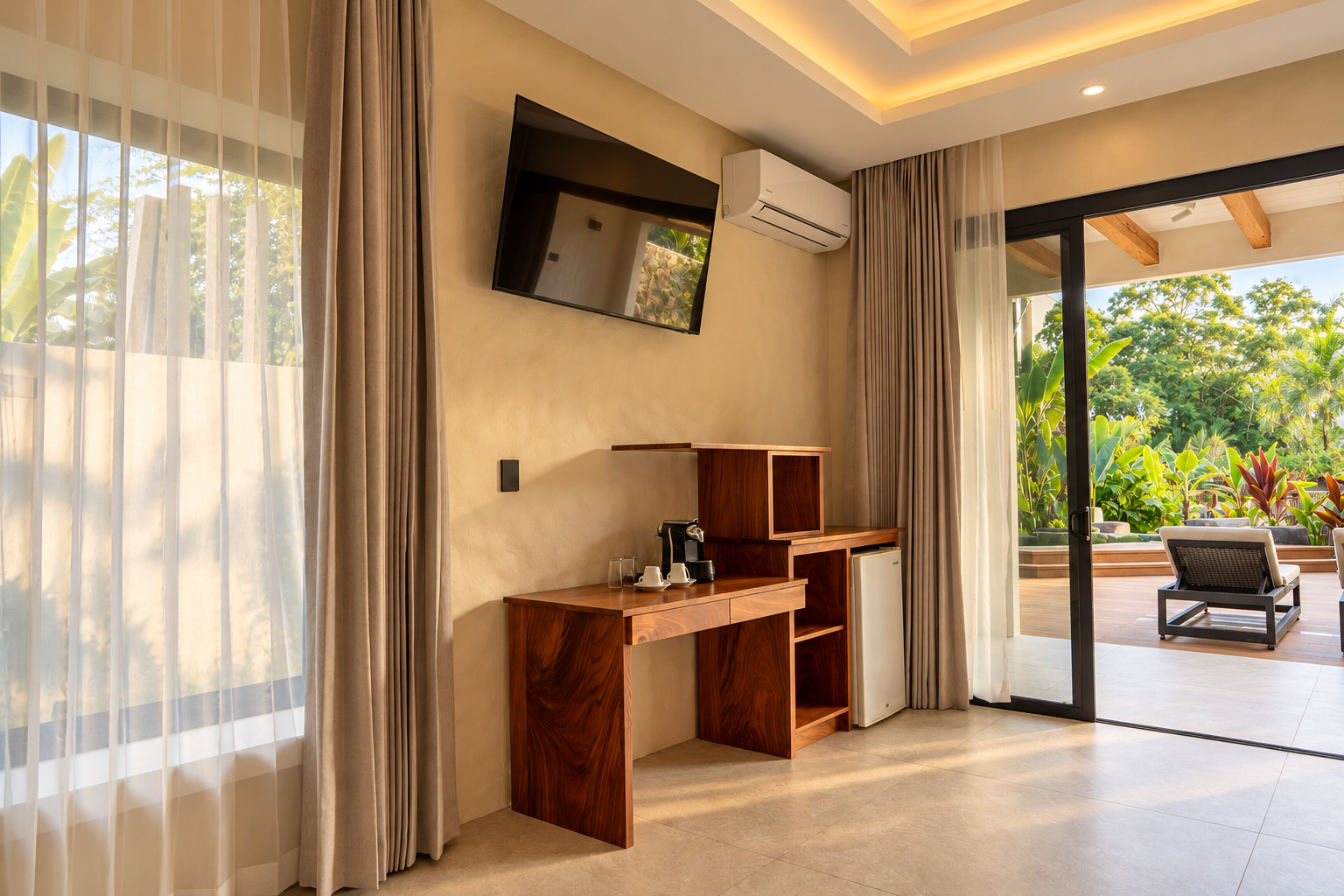 Peaceful terrace and tropical gardens at the resort