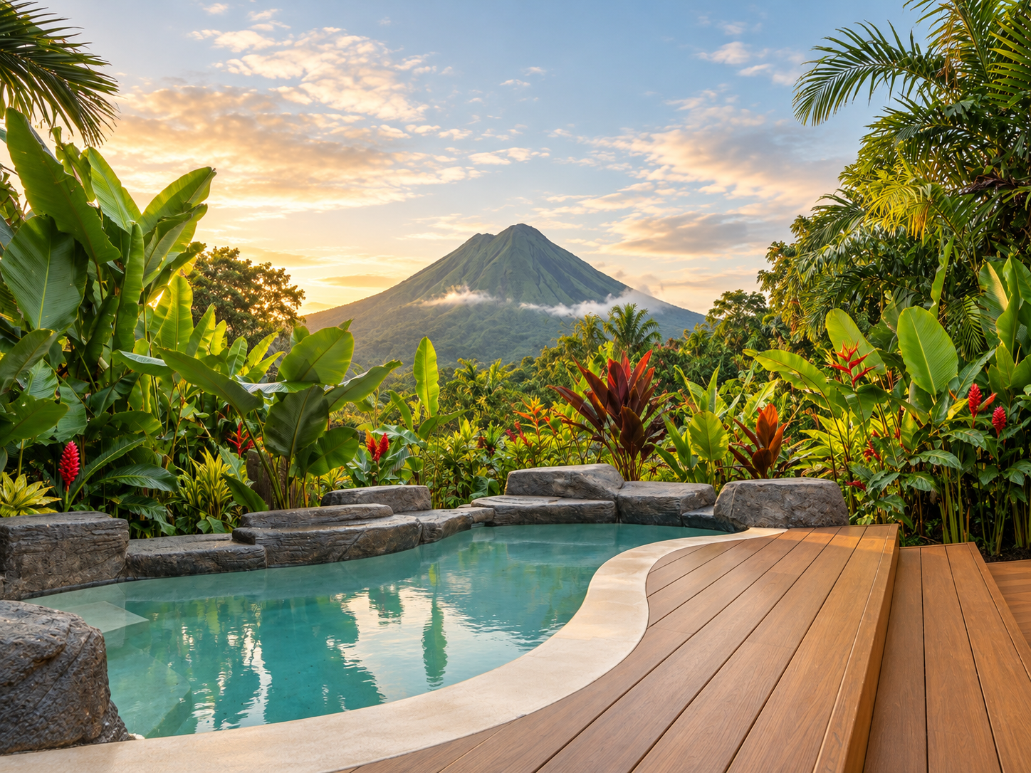 Arenal Volcano overlooking a private pool and tropical gardens